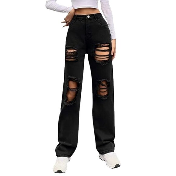 Genleck Y2K NWT BF Jeans Ripped High Waist Baggy Black Distressed Wide Leg S - Picture 2 of 16